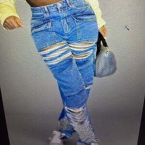 Distressed Denim Long Pants (Medium Blue)